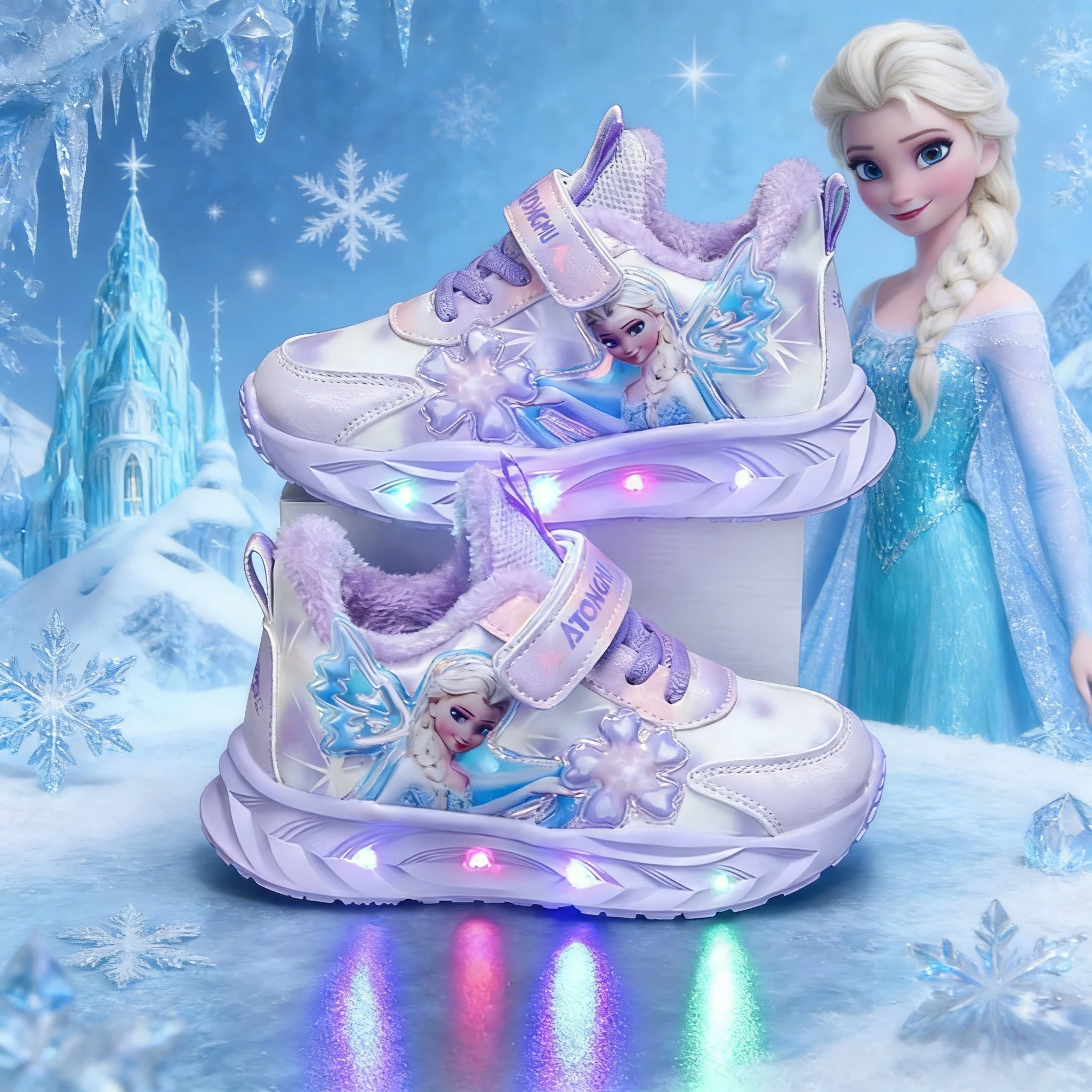 Kids'Casual Schuhe Led Licht Elsa Prinzessin Gefrorene PU Leder Frühling Laufschuhe Für Mädchen Anti-slip Rosa Lila größe 23-35