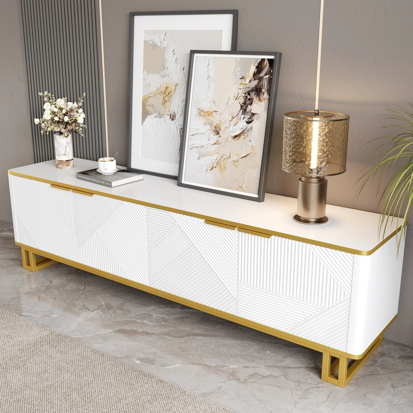 Anajqaqia Meuble TV 160 x 37,5 x 48 cm avec quatre portes, meuble TV, panneau TV, meuble TV bas, design unique, texture géométrique, blanc