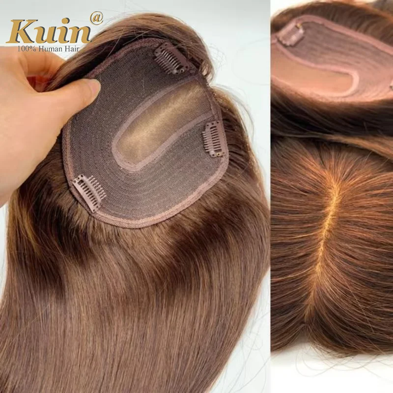 Frauen Toupet Seide Basis Topper Clip in Echthaar Perücken Haarteil mit Pony glattes Haar Topper für Frauen Haar verlängerungen Image