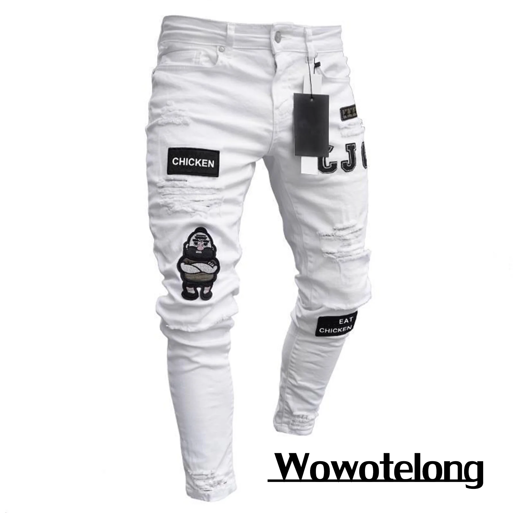 2023 weiße Stickerei Skinny Ripped Jeans Männer Baumwolle Stretchy Slim Fit Hip Hop Jeans hose Casual Jeans für Männer Jogging hose