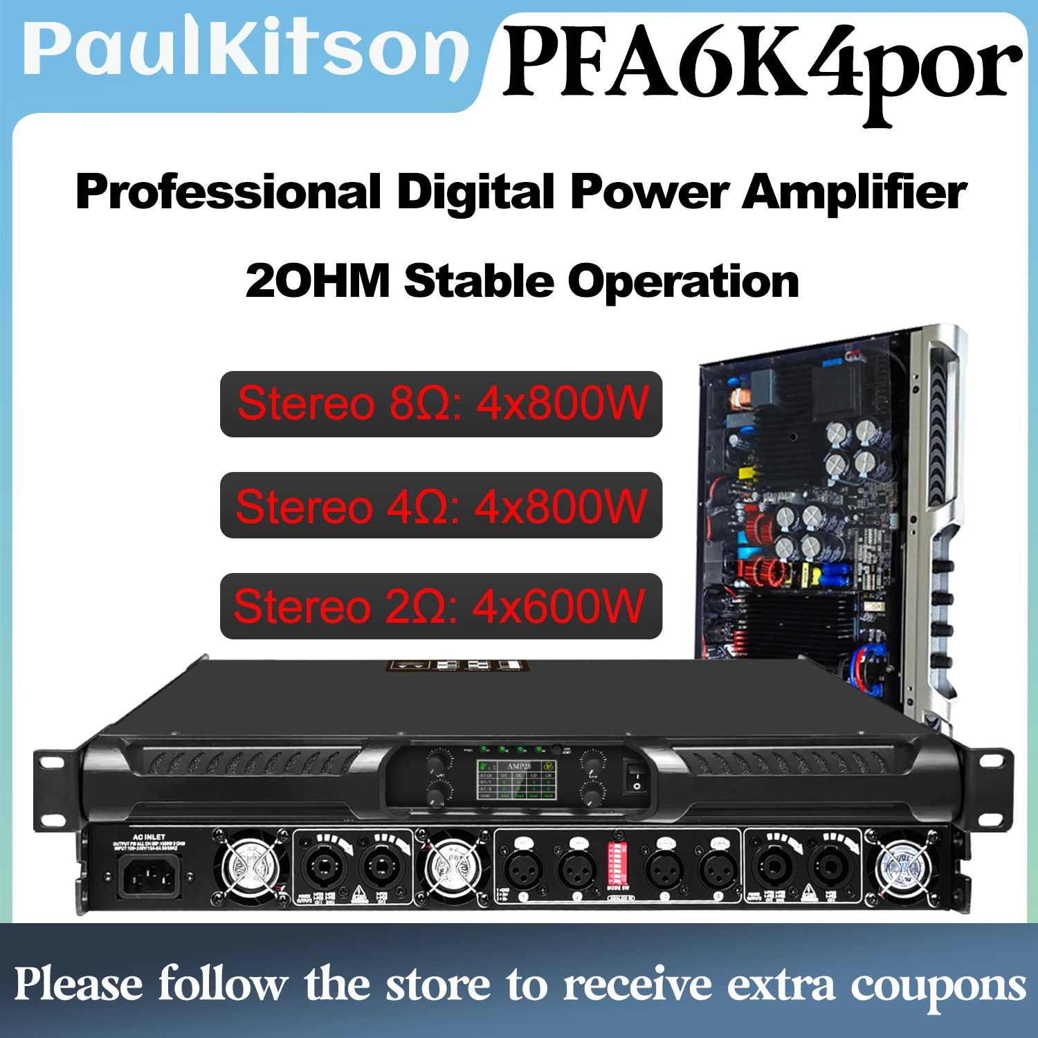 Paulkitson PFA6K4por 2OHM Professioneller Leistungsverstärker 4X600W 2OHM Stabiler Arbeits-Line-Array-Lautsprecher-Soundverstärker 4x800w 8ohm Digitaler Audio-Leistungsverstärker Image