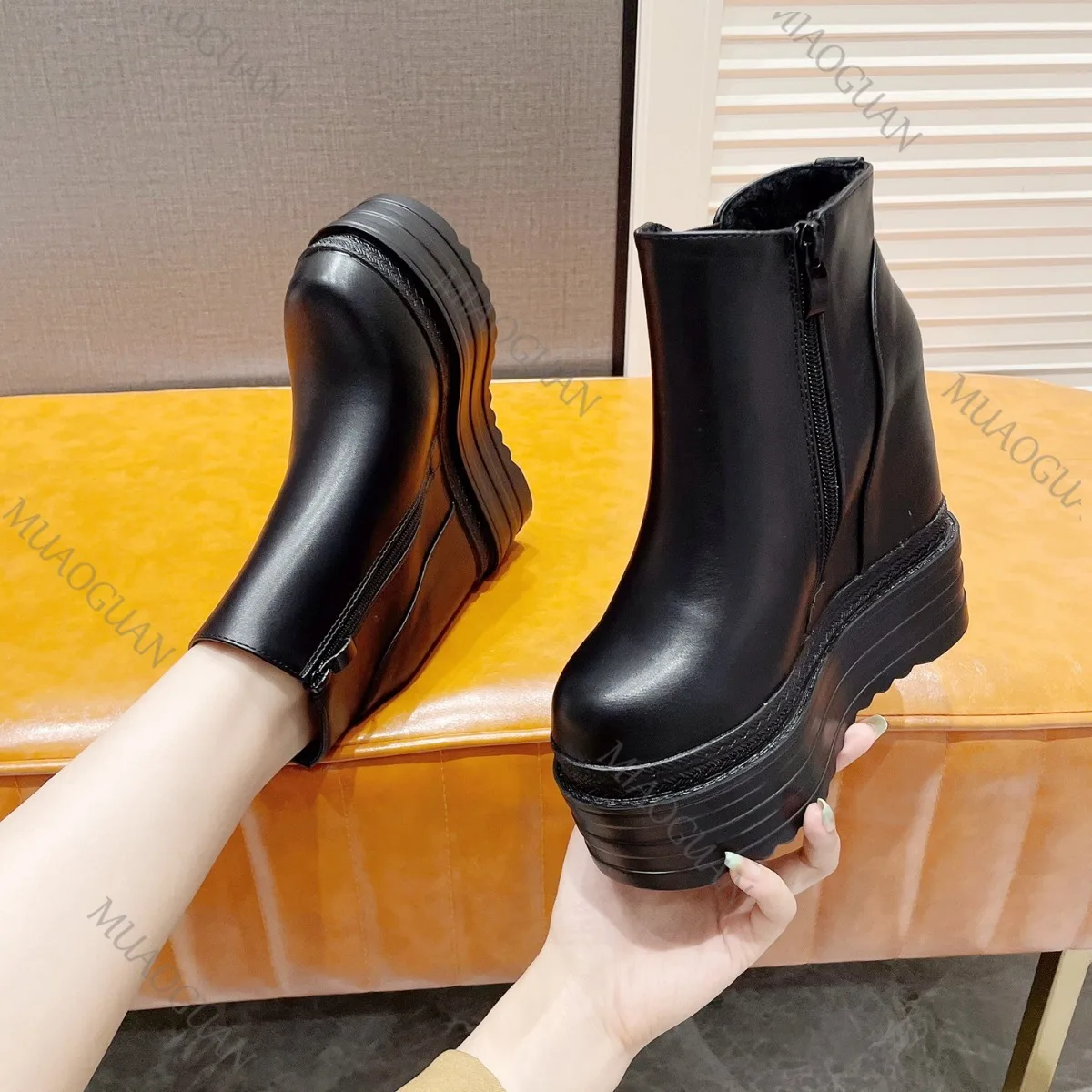 14CM Super High Heels Keile Stiefeletten für Frauen Schwarz Plattform Punk Stil Herbst Winter frauen Schuhe Seite Zip kurze Botas