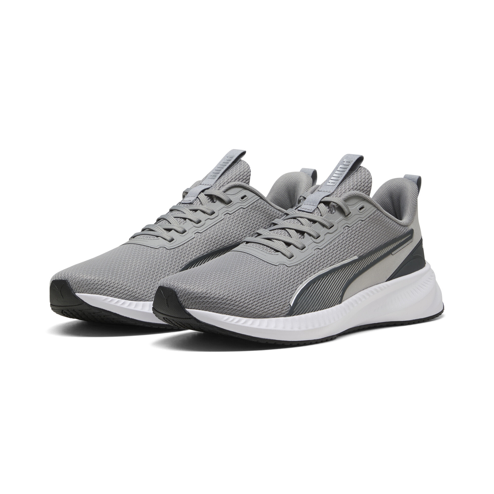 Trainingsschuh PUMA "Flyer Lite 3 Laufschuhe Erwachsene", Damen, Gr. 45, gray echo shadow schwarz silber, Obermaterial: Textil, Synthetik; Futter: Textil; Innensohle: Textil; Laufsohle: Synthetik, Gummi, Schuhe