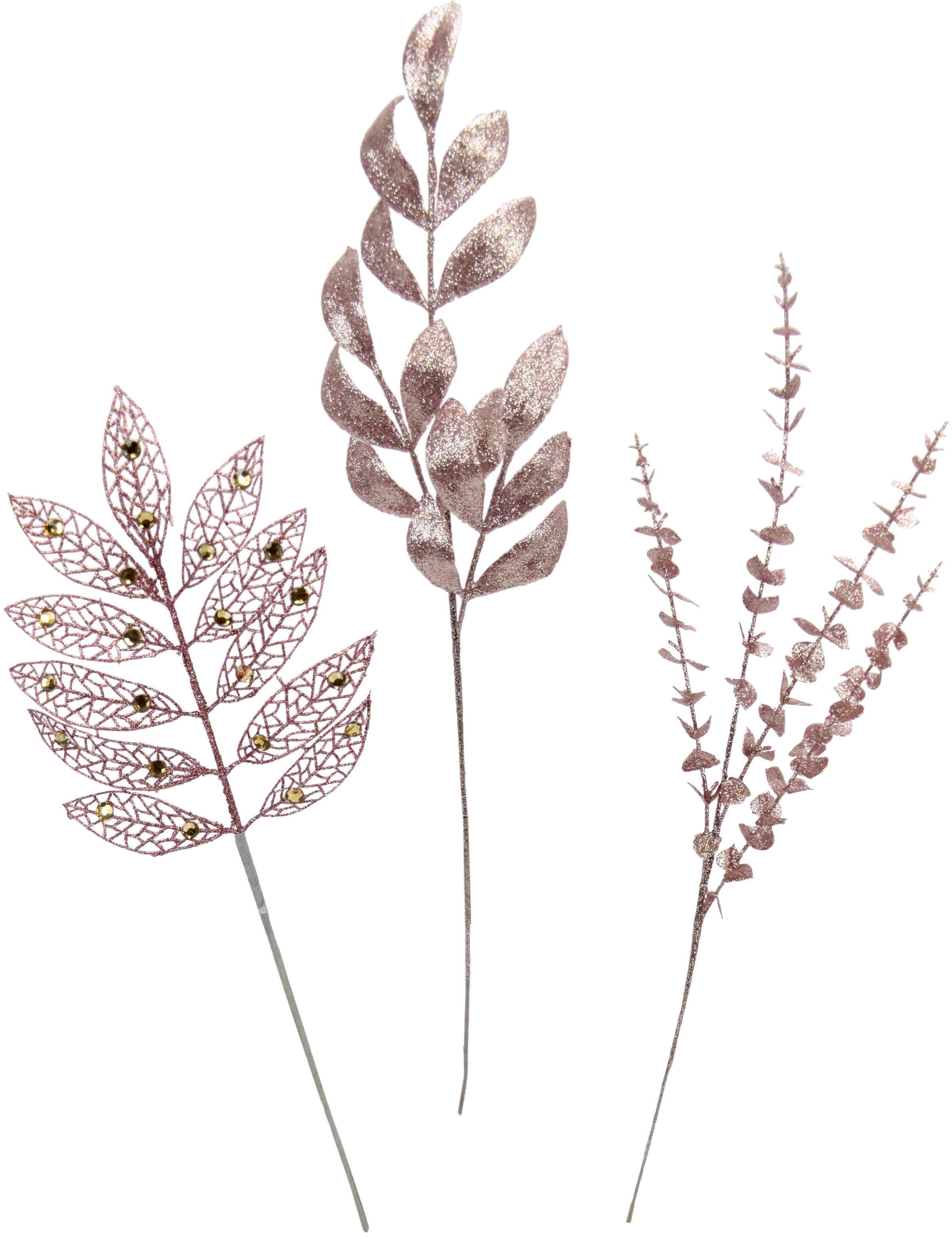 Winterliche Kunstpflanze I.GE.A. "Kunstzweig, Dekozweig aus Kunststoff", rosa, B:20cm H:70cm T:5cm, Kunststoff, Kunstpflanzen, mit Glitzer und Dekosteinen 3er Set, Weihnachtsdeko
