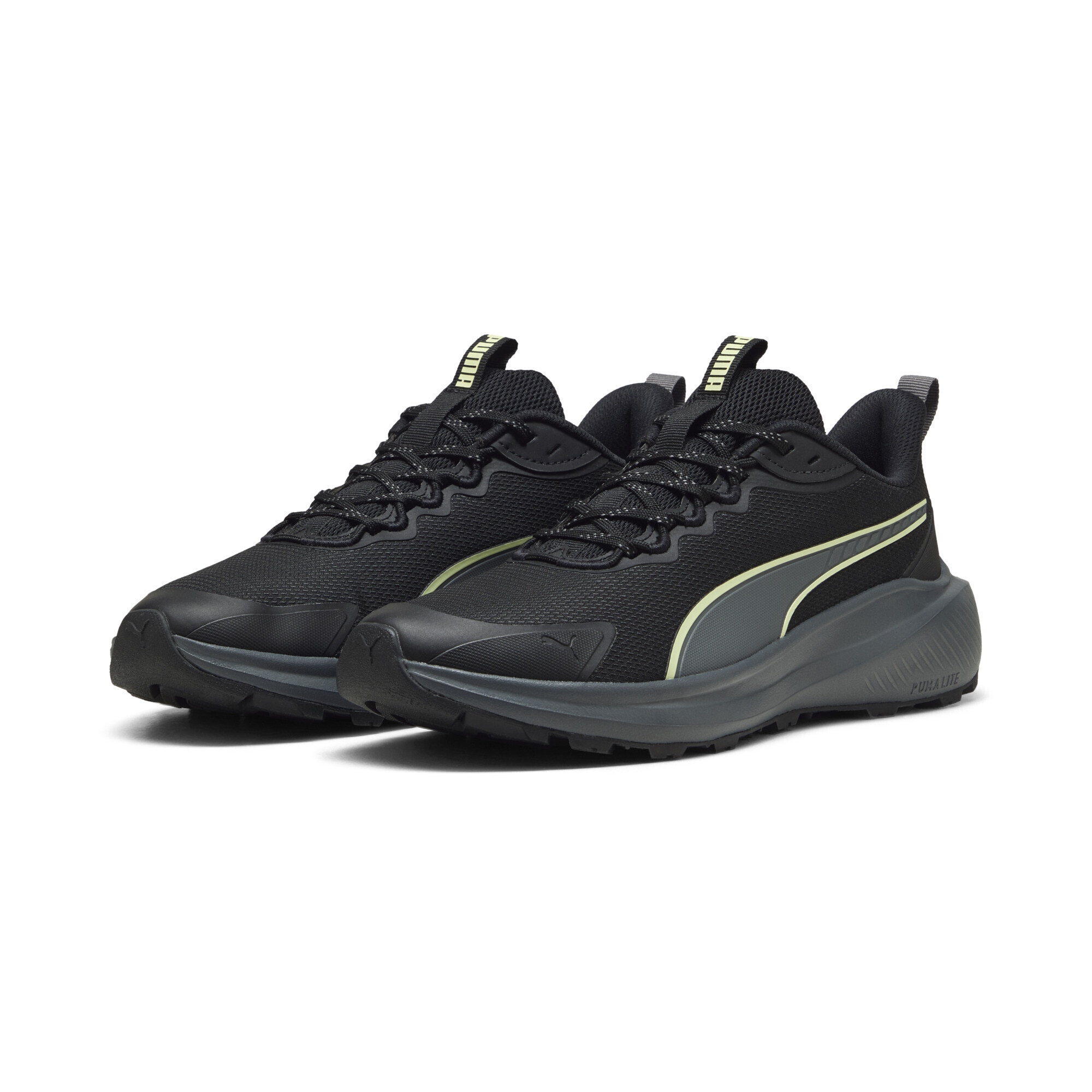Trainingsschuh PUMA "Skyrocket Lite Trail Laufschuhe Erwachsene", Damen, Gr. 44, schwarz cool schwarz gray apple spritz grün, Obermaterial: Textil, Synthetik; Futter: Textil; Innensohle: Textil; Laufsohle: Gummi, Synthetik, Schuhe