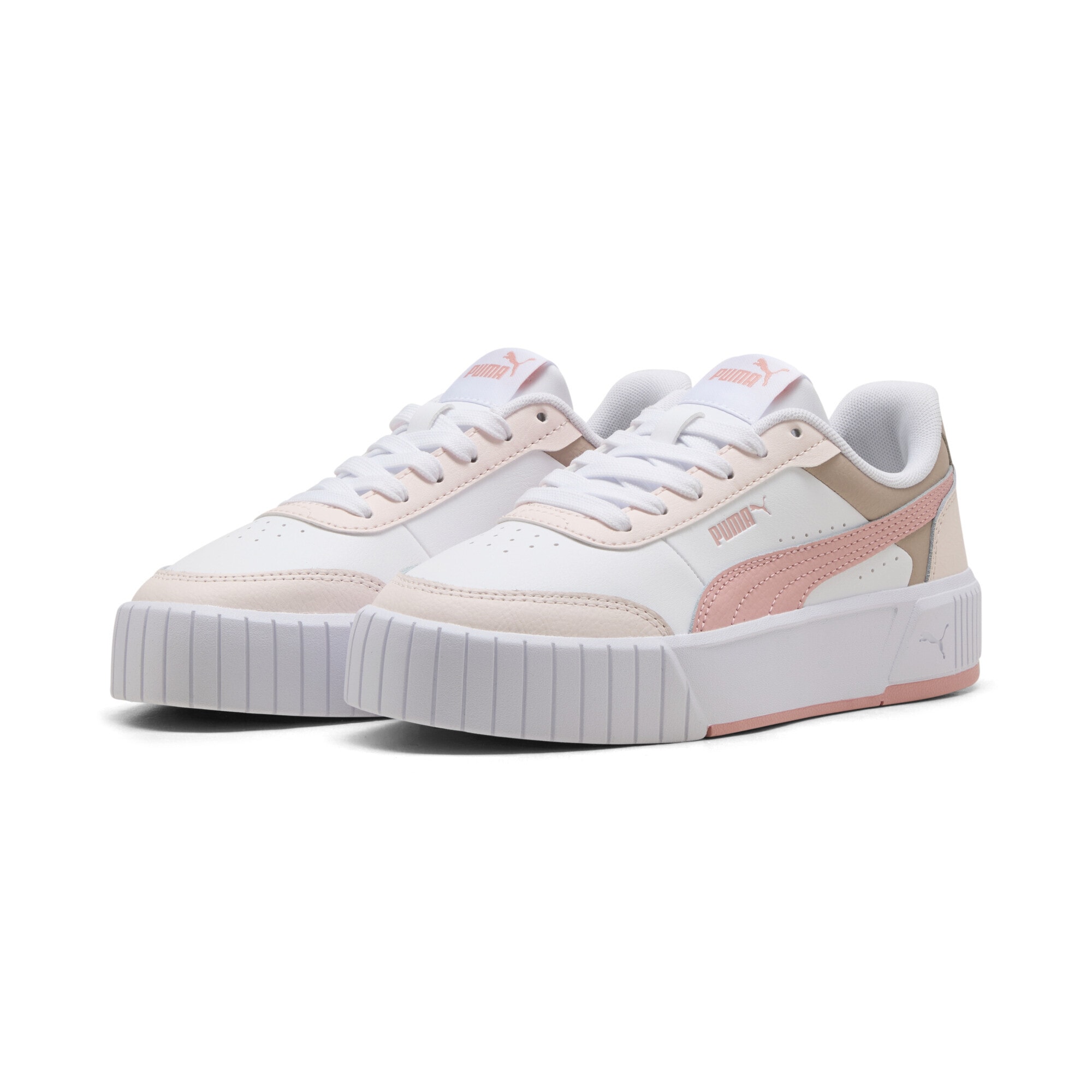 Sneaker PUMA "Carina Mia Sneakers Mädchen", Damen, Gr. 35,5, weiß rosy outlook jasmine flower pink, Obermaterial: Kuhleder, Textil, Synthetik; Futter: Textil; Innensohle: Textil; Laufsohle: Gummi, Schuhe Sneaker