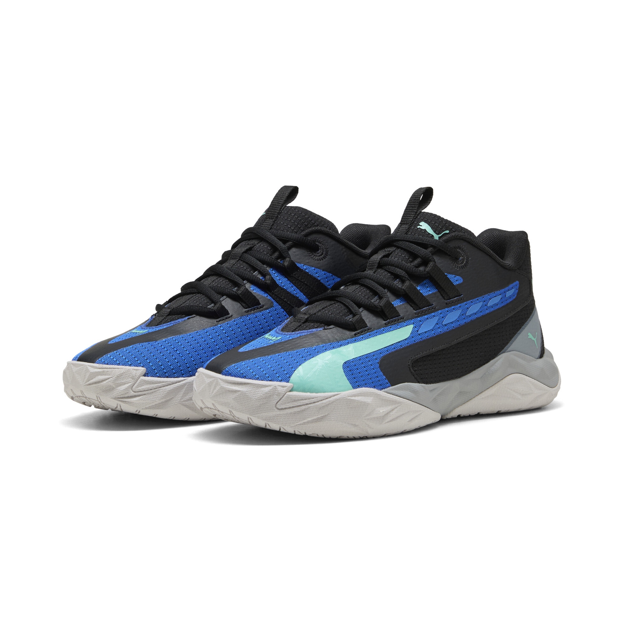 Basketballschuh PUMA "Dagger 2 Mid Basketballschuhe Erwachsene", Gr. 42, schwarz blaumazing aquatic blau grün, Obermaterial: Synthetik, Textil; Futter: Textil; Innensohle: Textil; Laufsohle: Gummi, Synthetik, Schuhe