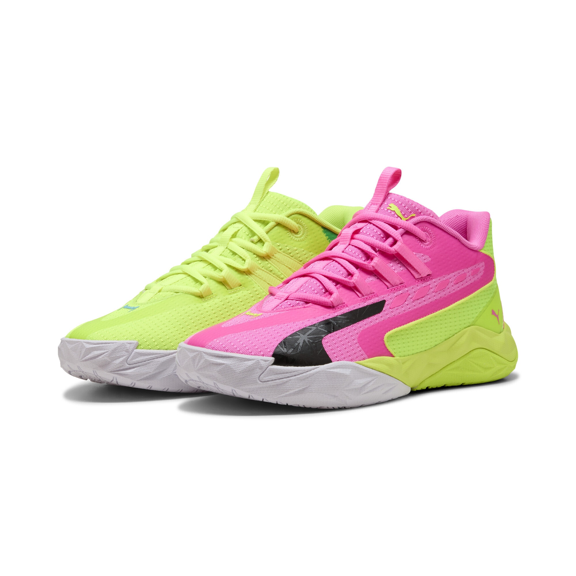 Basketballschuh PUMA "Dagger 2 Mid Basketballschuhe Erwachsene", Gr. 44, lime squeeze bright aqua schwarz gelb blau, Obermaterial: Synthetik, Textil; Futter: Textil; Innensohle: Textil; Laufsohle: Gummi, Synthetik, Schuhe