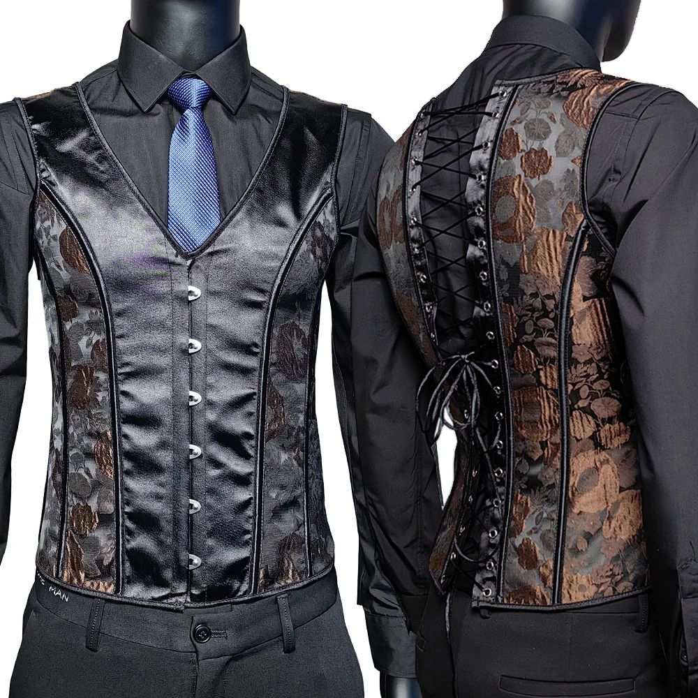 Mens Vintage Corset Waistcoat Lace Up Boned Abdomen Shaping Vest, Tummy Control Waist Girdle For Formal & Stage Wear all Black 6xl