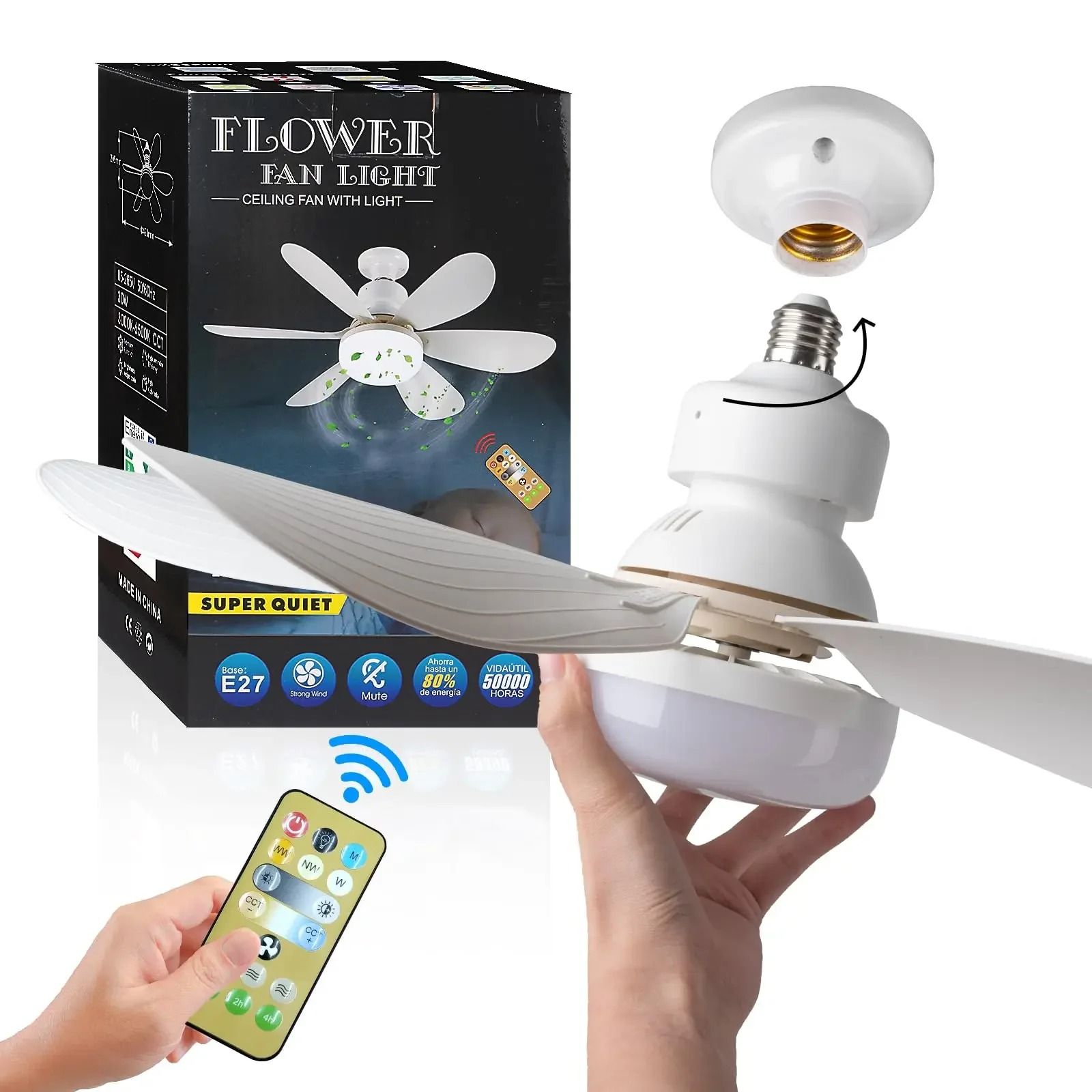 LED 40W Ceiling Fan Light E27 With Remote Control, Dimmable For Living Room And Study white b