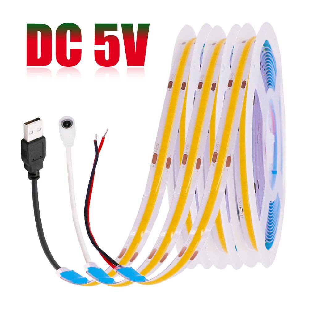 USB COB LED Strip Light 5V High Density Flexible Tape For Ambient Decor Lighting 2 Pin cold White 1m
