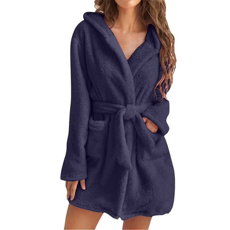 Fluffy Plush Winter Women Bath Robe, Sexy Hooded Dressing Gown, Solid Color Warm Bathrobe, Ladies Female Loungewear sky Blue s