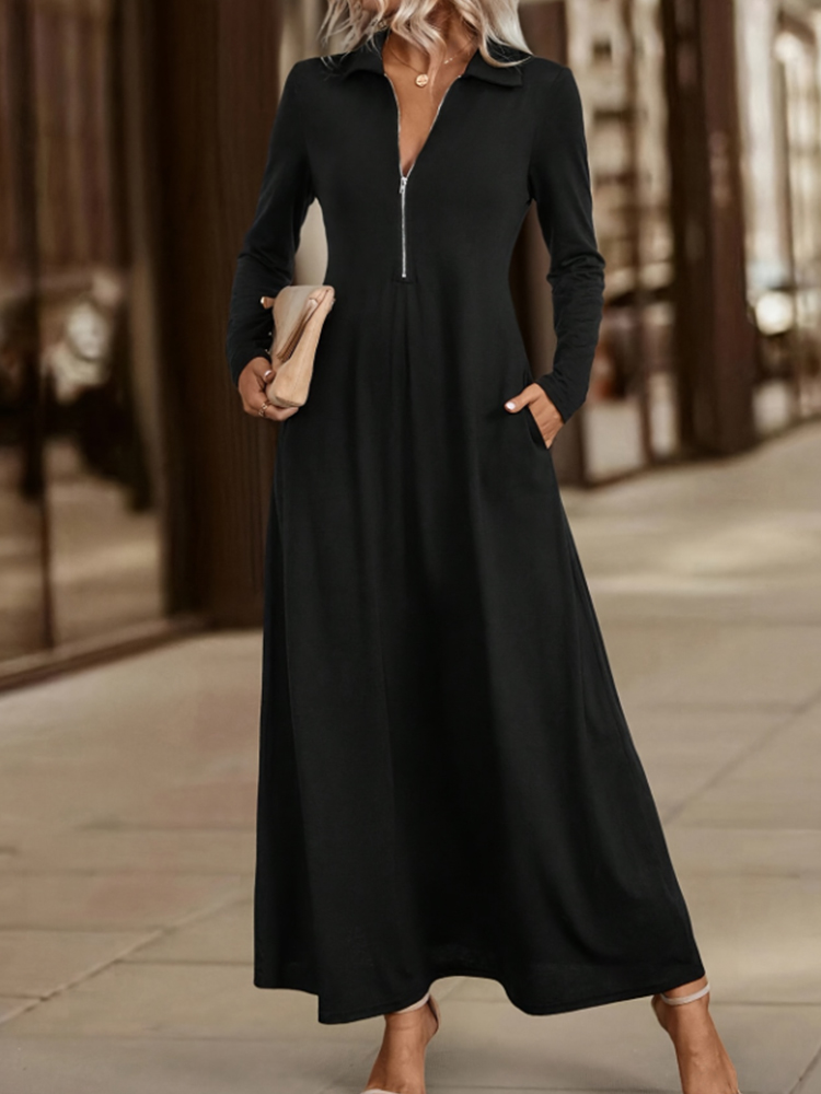 Women's Elegant Solid Maxi Dress With Pockets, Simple Long Skirt, Slim Long Sleeves Shirt Dress Spring Autumn burgundy m