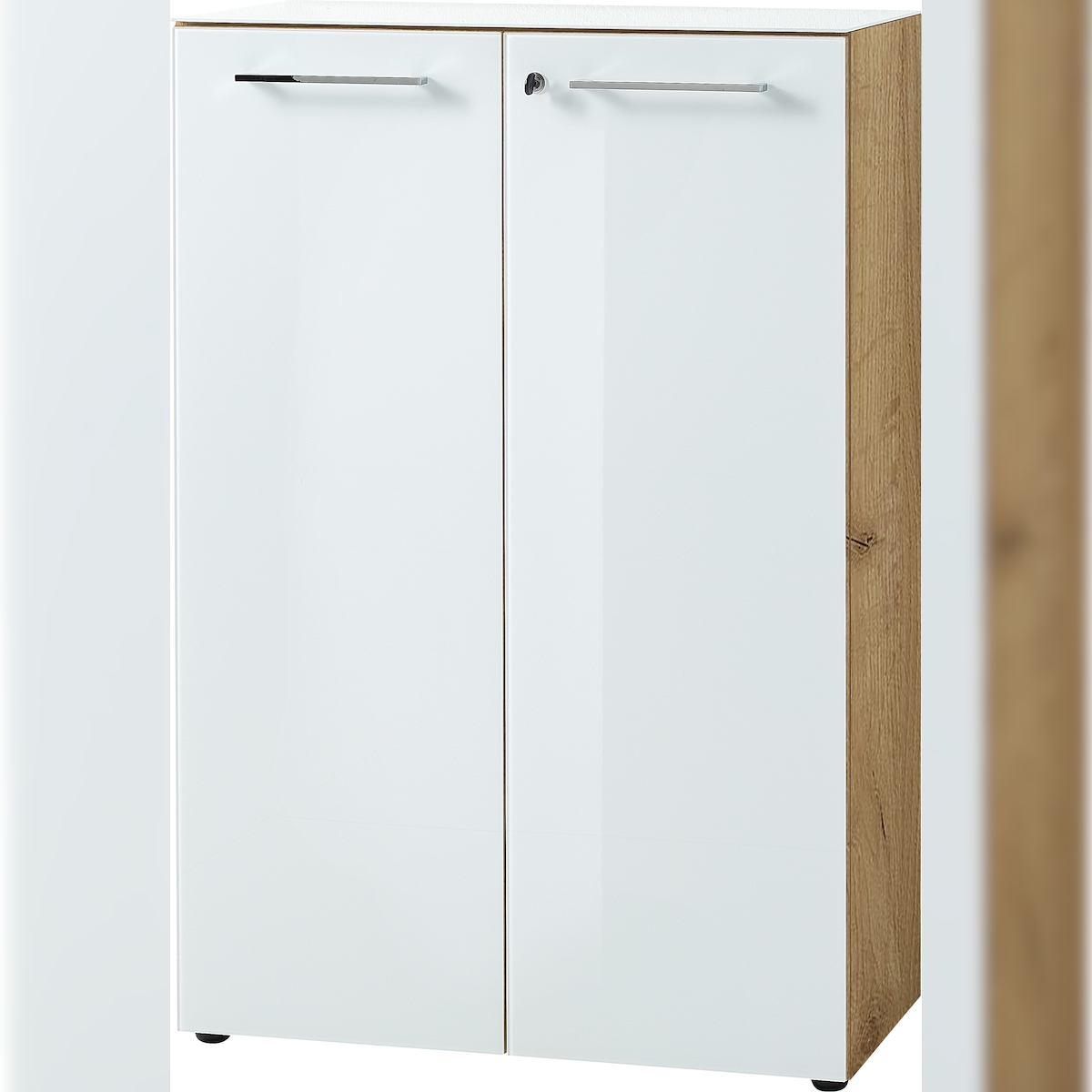 Aktenschrank Abschließbar | 80x120x37 cm | Glasfront ESG Soft-Close | Büroschrank Chalet-Eiche-Nb./Weiß | Made in Germany Kadima Design Image