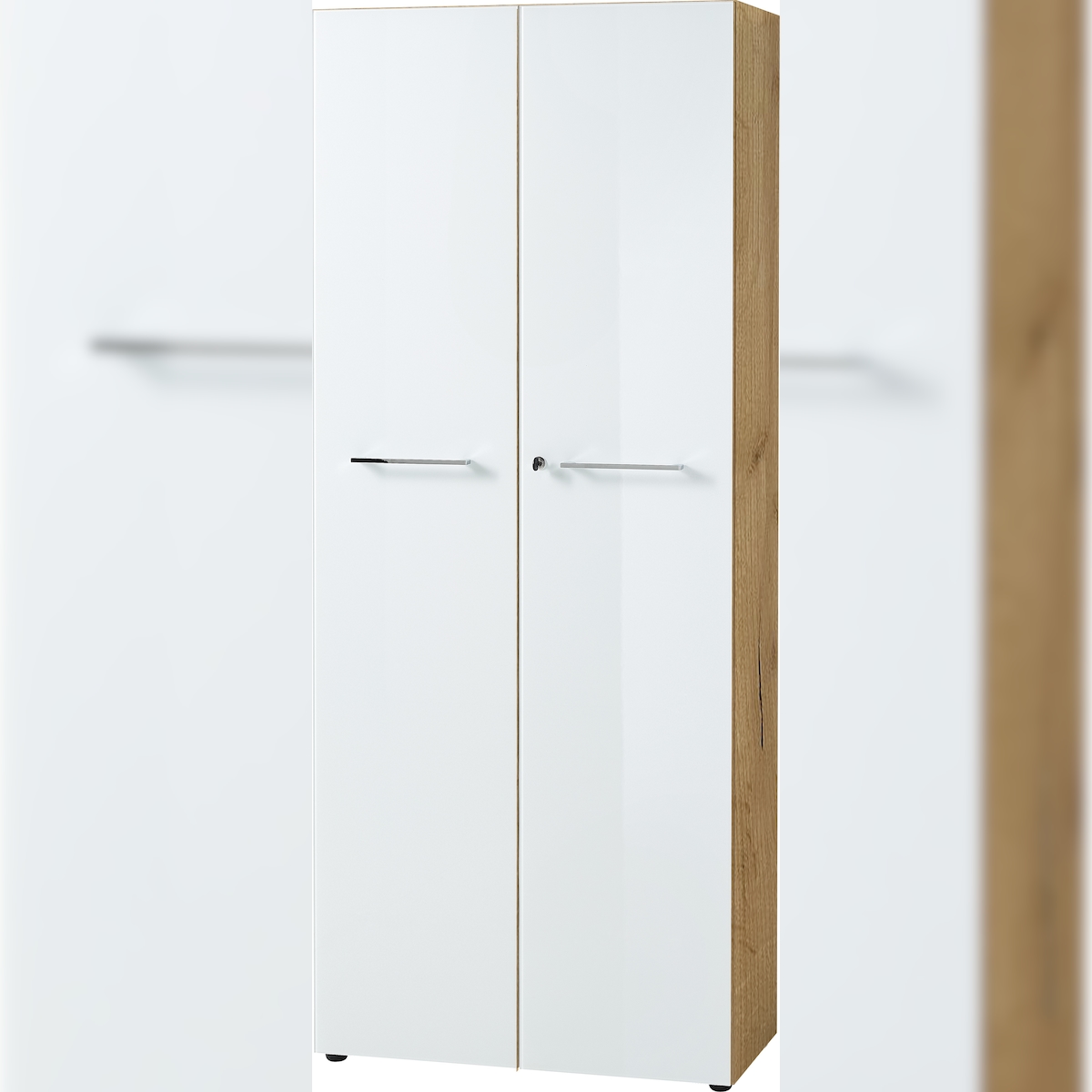 Aktenschrank 5 Ordnerhöhen 80x196x37 cm | Abschließbar, Soft-Close, Glasfront | Made in Germany | Chalet-Eiche-Nb./Weiß Serie `Muenchen` Kadima Design Image