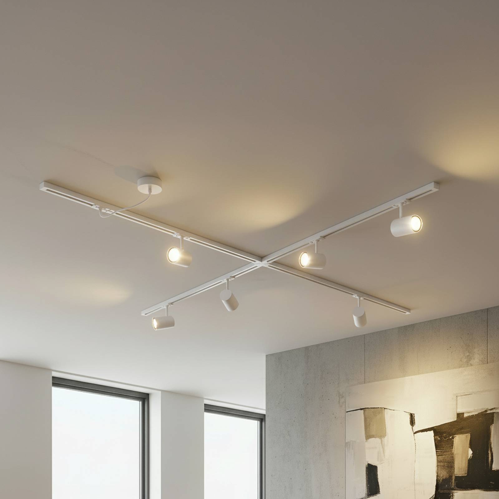 Lindby Schienensystem Linaro, GU10, 6-flg., weiß, X-Form Linaro, weiß / opal, für Wohn- / Esszimmer, Aluminium, Modern