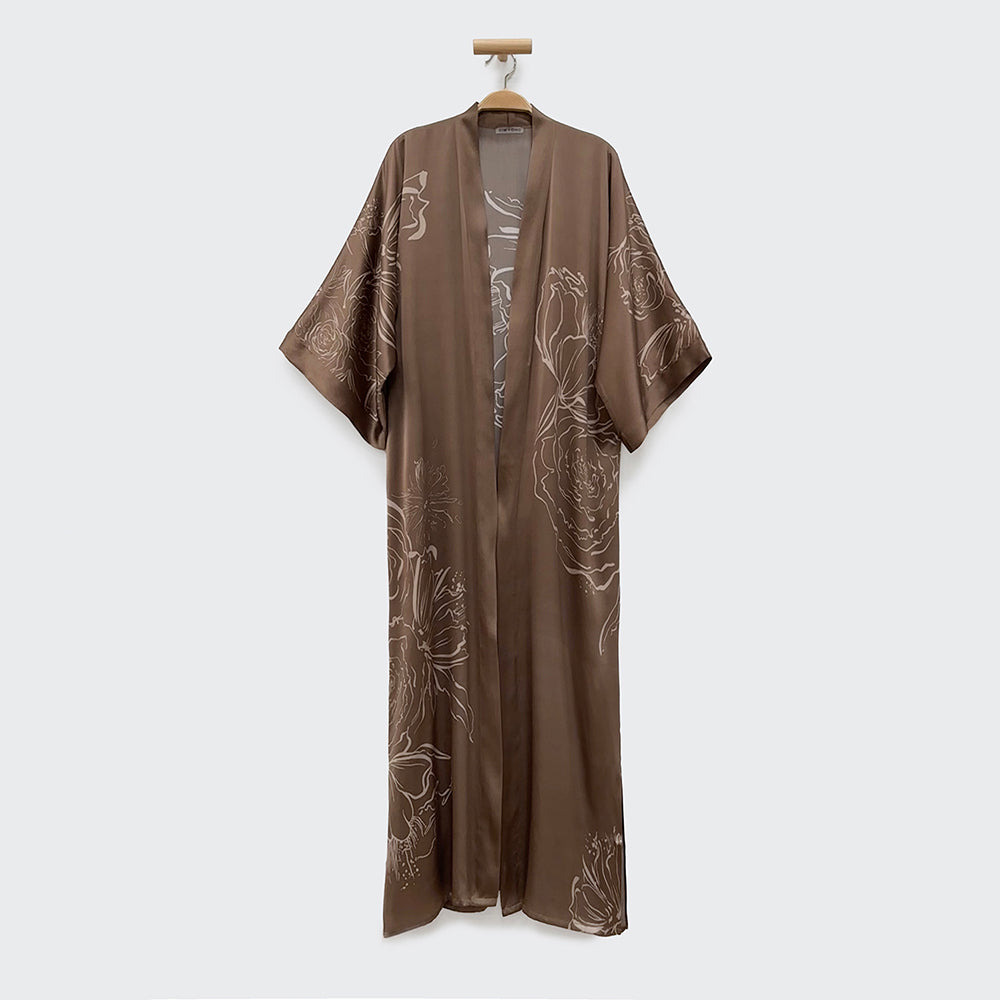 KIM+ONO Kimono Robe | Washable Silk Jia Art Long Kimono Robe | Washable Silk | Mocha | Long