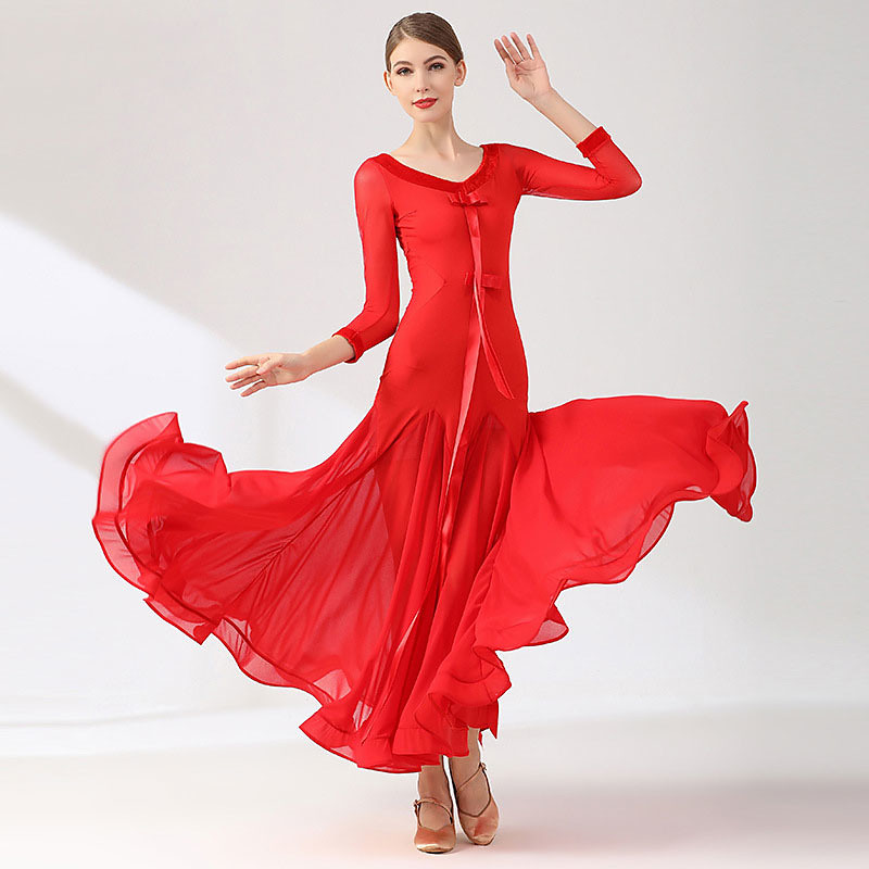 Women's Elegant Bowknot Waltz Dress with Floating Ribbons Sheer Mesh Waist Cutout Big Swing Skirt Tango Foxtrot Performance Costume