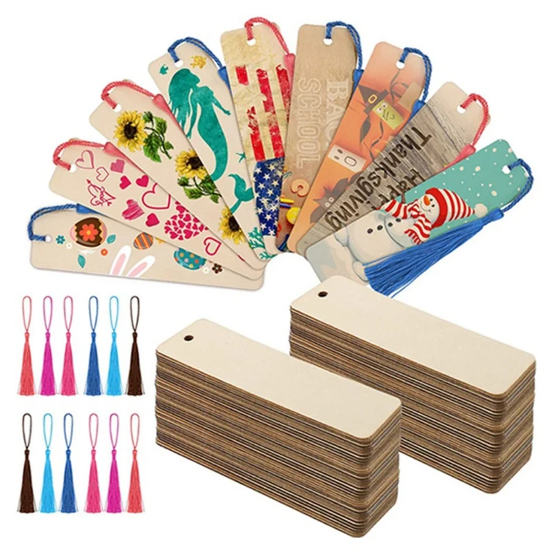 Holz-Lesezeichen mit Quaste, Graffiti, DIY-Holzhandwerk, rechteckiger leerer Buchanhänger, bemalte handgefertigte Karte Image