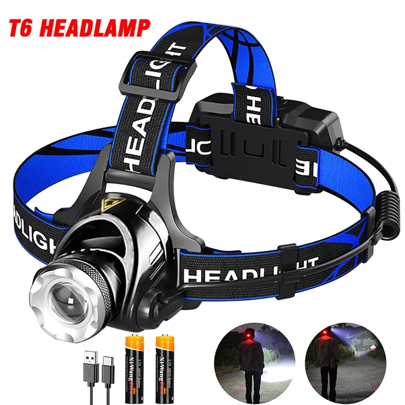 Lampada frontale T6 Torcia ad alta potenza Lanterna Uso 2 18650 Batteria Lampada frontale a LED Lampada da campeggio ultra pesca ricaricabile