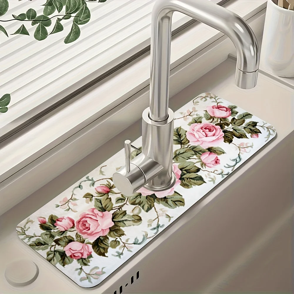 Beautiful Rose Sink Splash-Proof Faucet Mat Kitchen Water-Absorbing Table Mat Countertop Waterproof Protective Mat Bathroom Mat