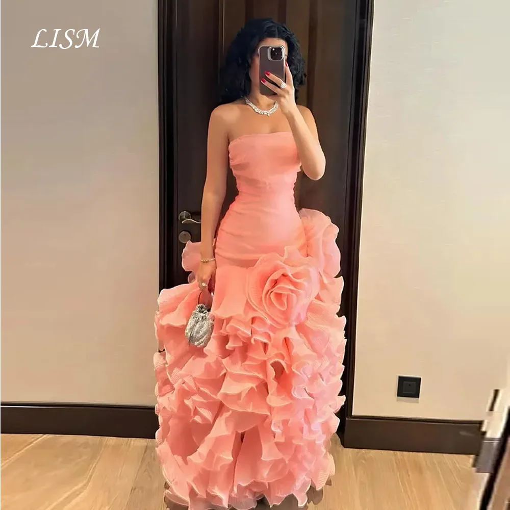 LISM Pink Strapless Mermaid Evening Dresses Silk Chiffon Flowers Long Elegant Prom Dresses Customized فستان المساء