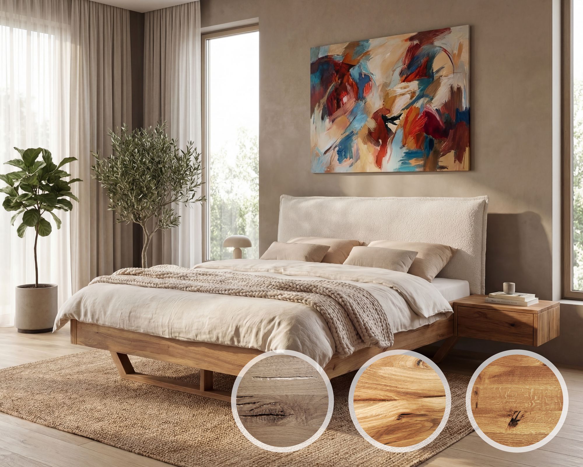 BlackWood »Nova Vita Contour I« Wildeiche Massivholzbett 140x200 cm / Wildeiche natur / Boucle Anthrazit Image