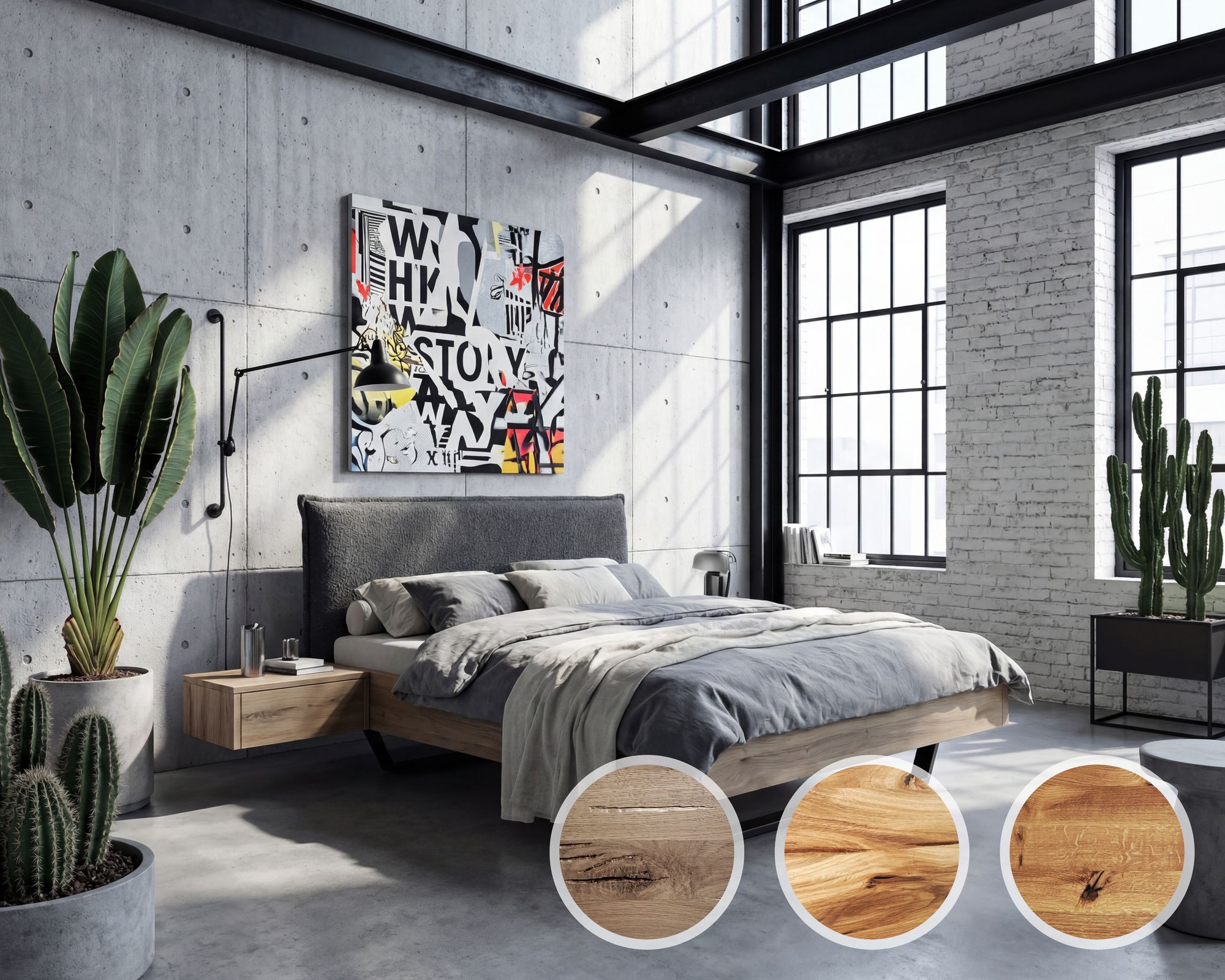 BlackWood »Nova Vita Contour IV« Wildeiche Massivholzbett 140x200 cm / Wildeiche natur / Boucle Anthrazit Image