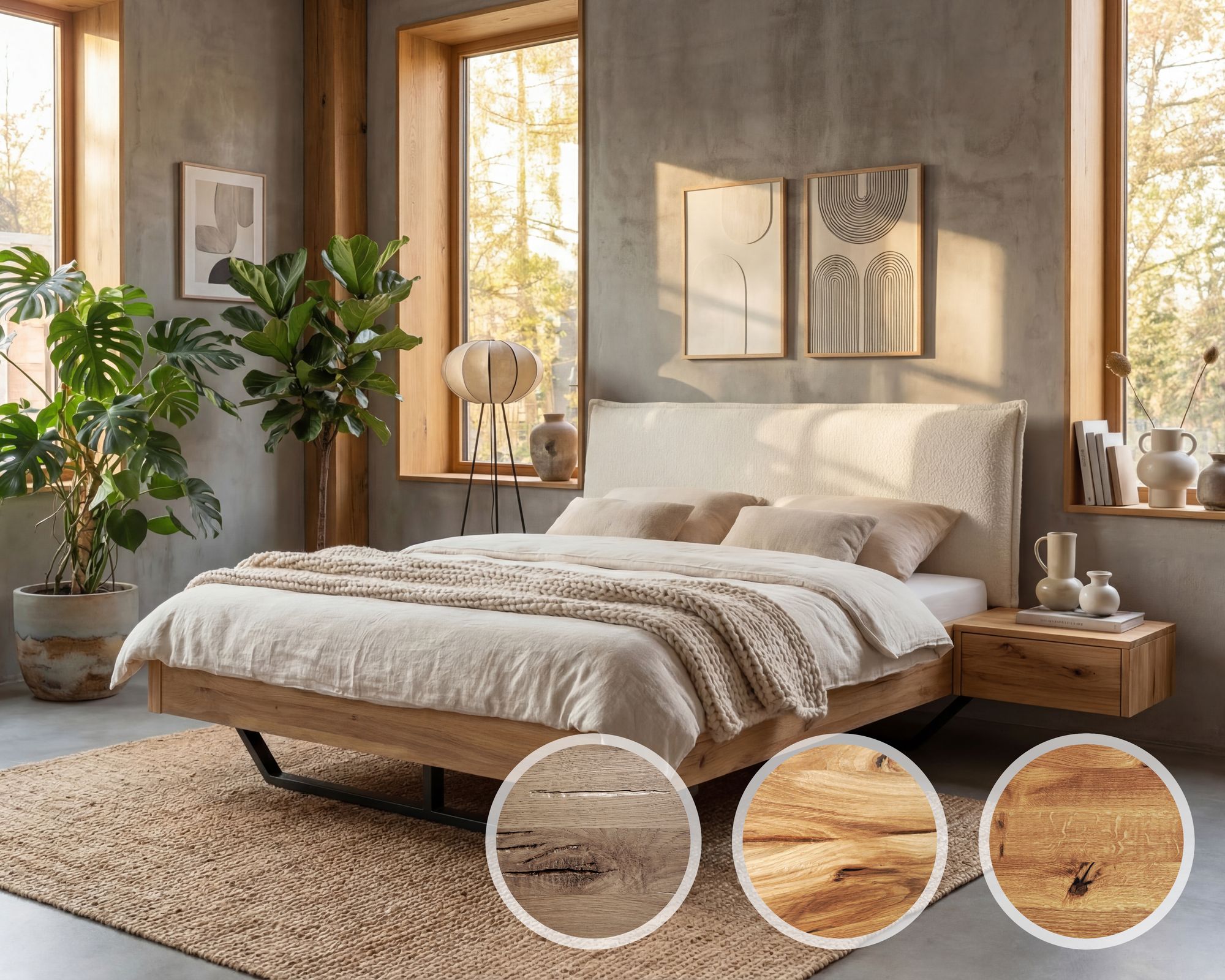 BlackWood »Nova Vita Contour II« Wildeiche Massivholzbett 200x200 cm / Wildeiche natur / Boucle Anthrazit Image