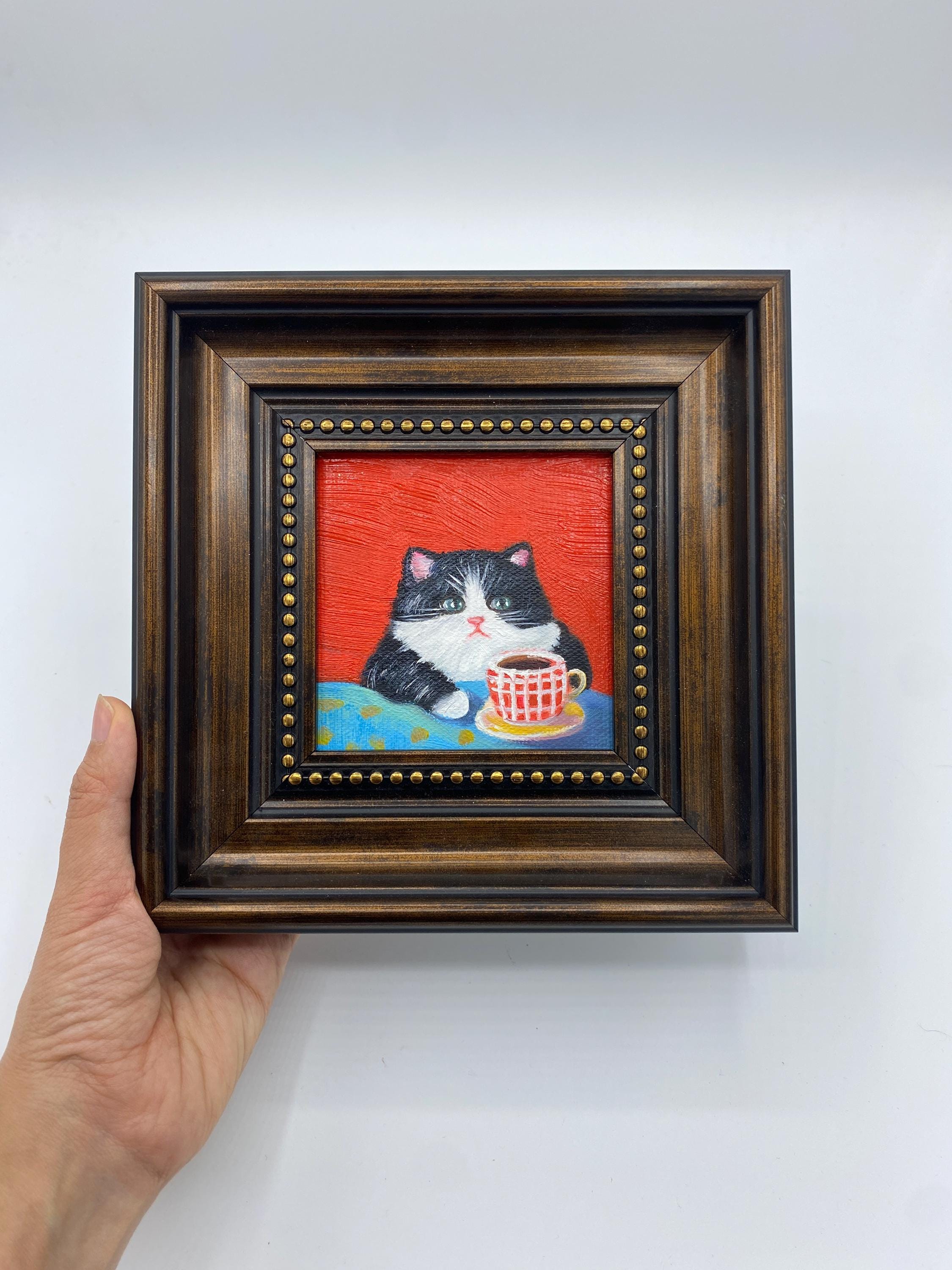 Dipinto ad olio originale, Gatto che beve caffè, Quadro da parete, Quadro con animali, Quadro incorniciato, Quadro su tela