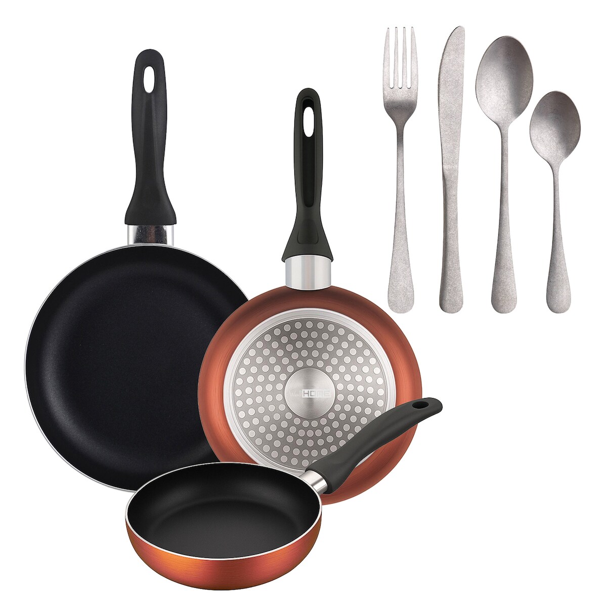 BERGNER - Set aus 3 Pfannen Ø16/20/24cm aus gepresstem Aluminium in metallic-copper mit 16-teiliges Besteckset aus Edelstahl Image