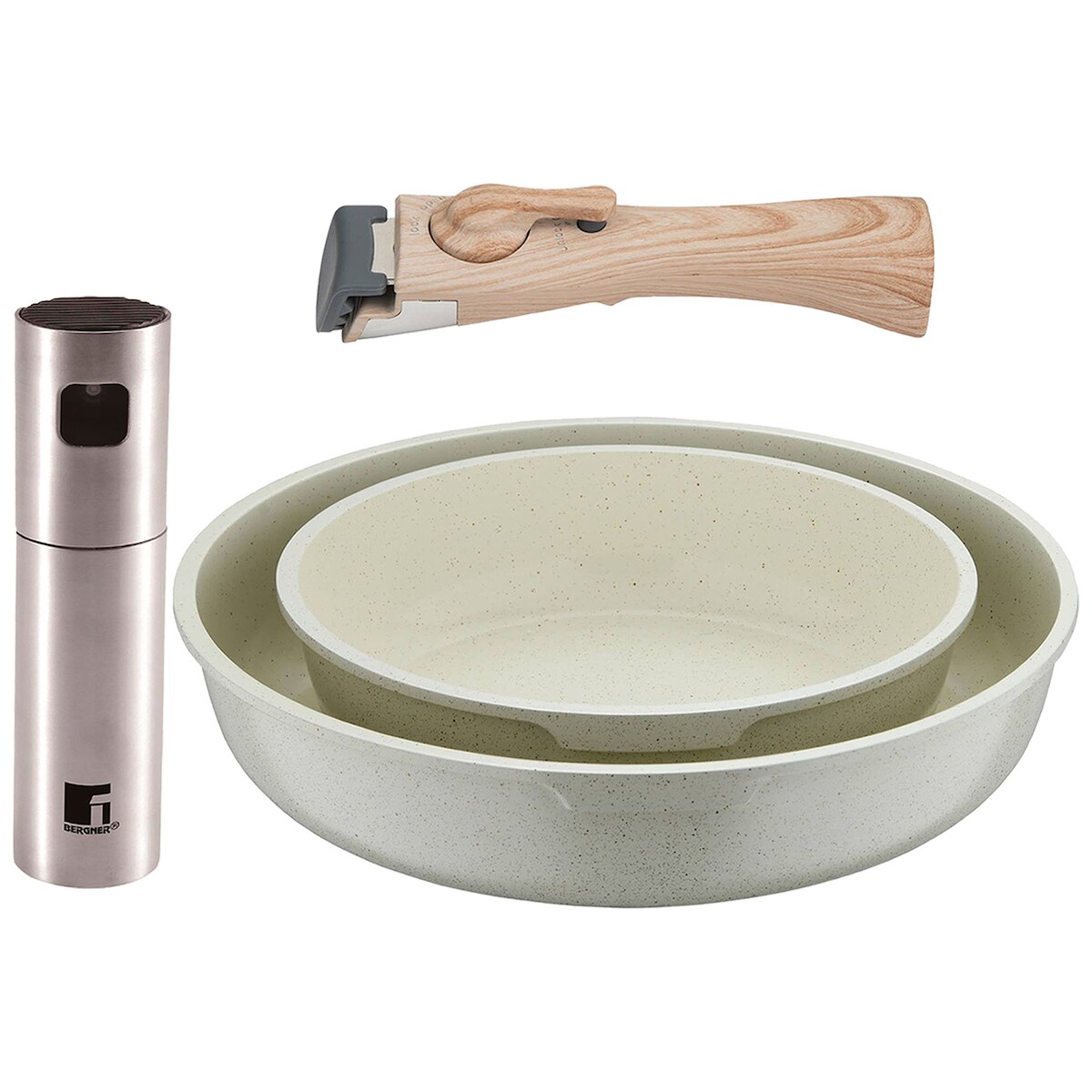 BERGNER - Set mit 2 Bratpfannen Ø22/26cm aus Aluminiumguss, weiß, mit abnehmbarem Griff mit Öl-/Essigsprüher Ø4x17,5 cm aus Edelstahl Image