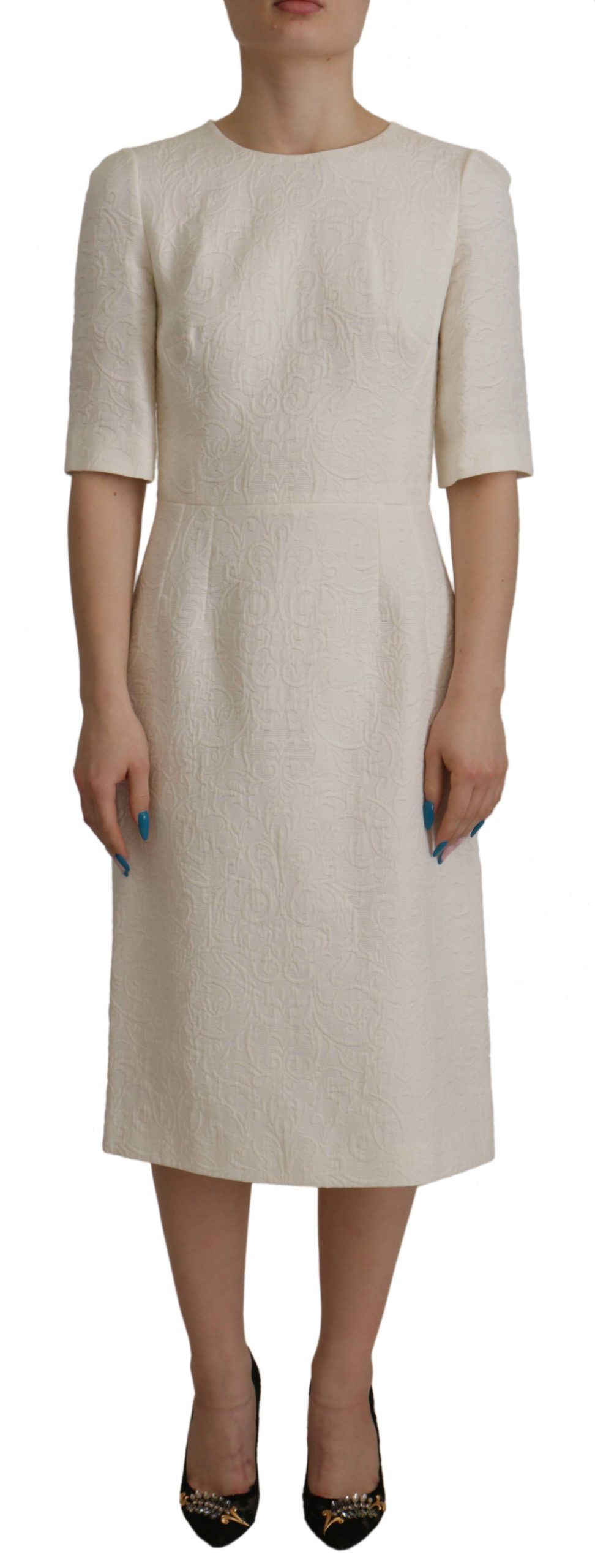 Dolce & Gabbana Weißes Jacquard Midi Floral Etuikleid aus Brokat für Damen