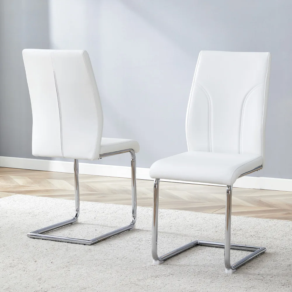 Stühle aus weißem PU-Material, 2er-Set. Stuhlbeine aus silbernem Metall. Geeignet für Büros, Esszimmer, Küchen Image