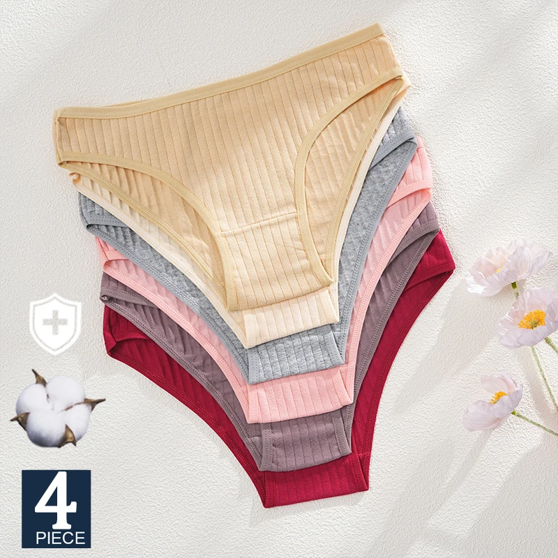 FINETOO 4 TEILE/SATZ Damen Baumwolle Höschen Sexy Weiche Gestreifte Unterhose Einfarbig Slips Weibliche Bequeme Stretch Dessous M-XL
