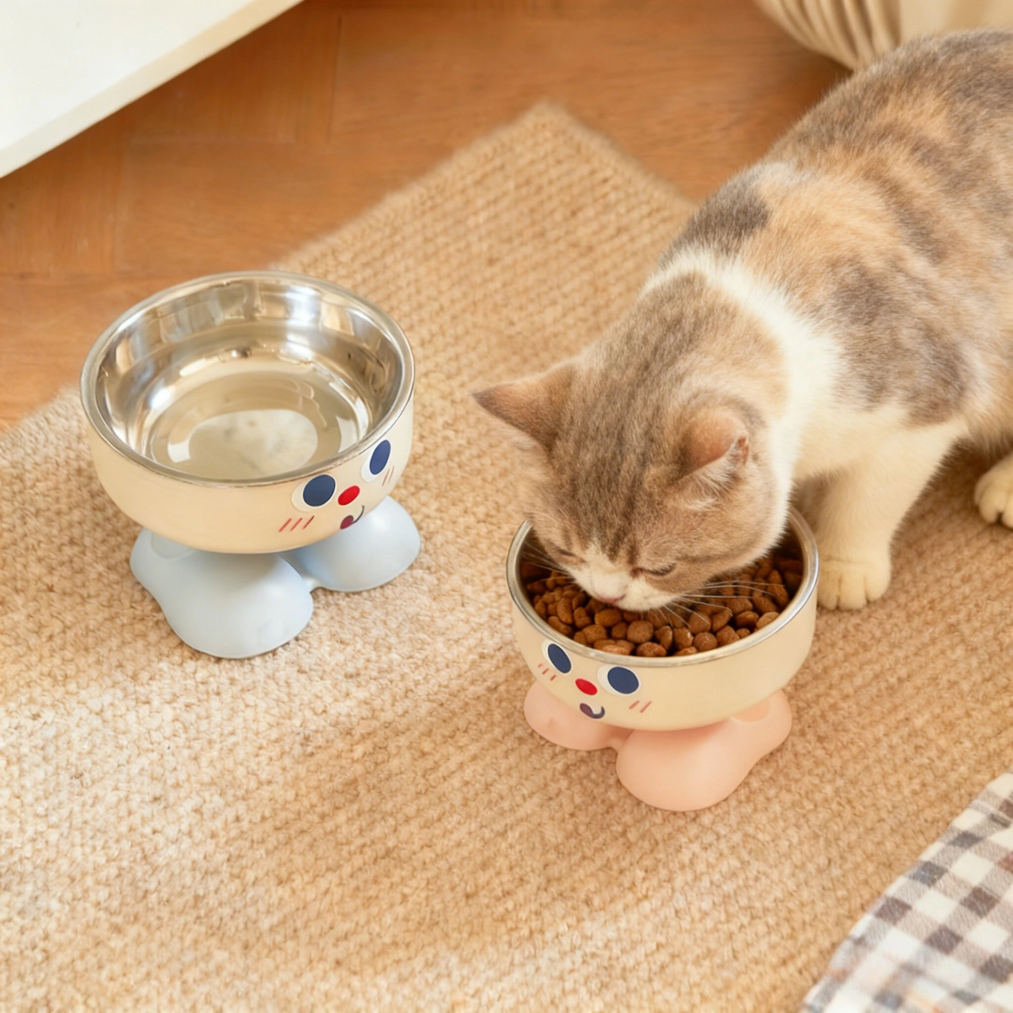 Erhöhte Hundeschale aus Edelstahl mit niedlichem lächelndem Gesicht und lächelnden Augen – hygienischer erhöhter/Wasserspender, rosa/lila Optionen