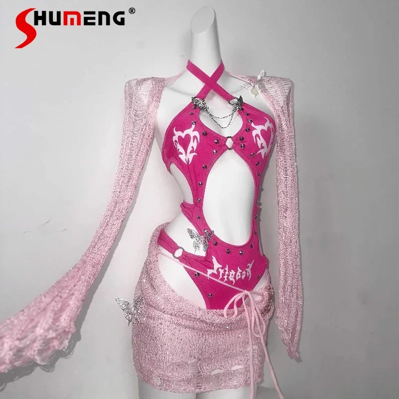 Original Sexy Hot Girl Onesie Schal Rock 3-teiliges Set frauen Dreidimensionale Niet Streetwear Subkultur Ästhetische Kleidung Image