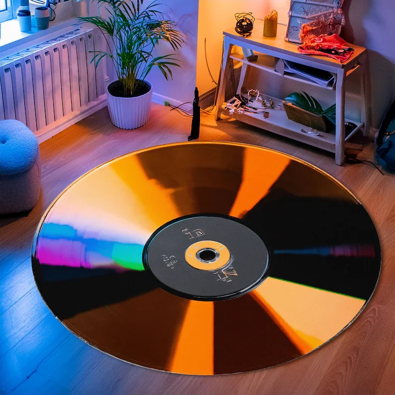 Runder CD-Teppich für Retro-Raum, glänzender Schallplattenteppich, Retro-Computer-Dekor, cooles Design, runder Teppich, waschbar und rutschfeste Dekoration Image