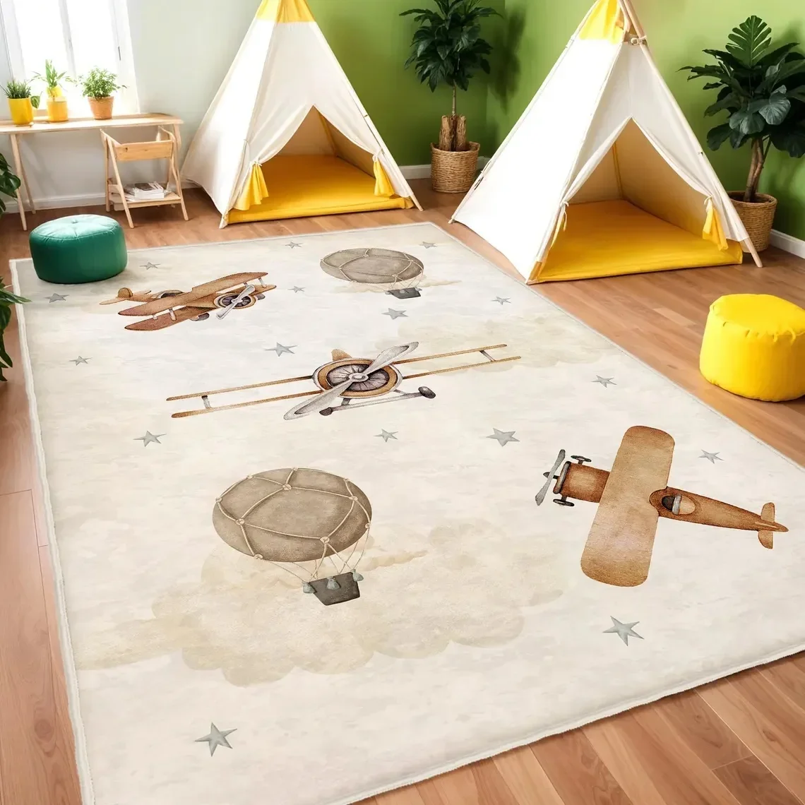 Kinderteppich mit Flugzeugmuster, Heißluftballon, Kindermatte, Baby-Jungen-Geschenk, rutschfester Aktivitätsteppich, Kinderteppich, braune Babyzimmermatten