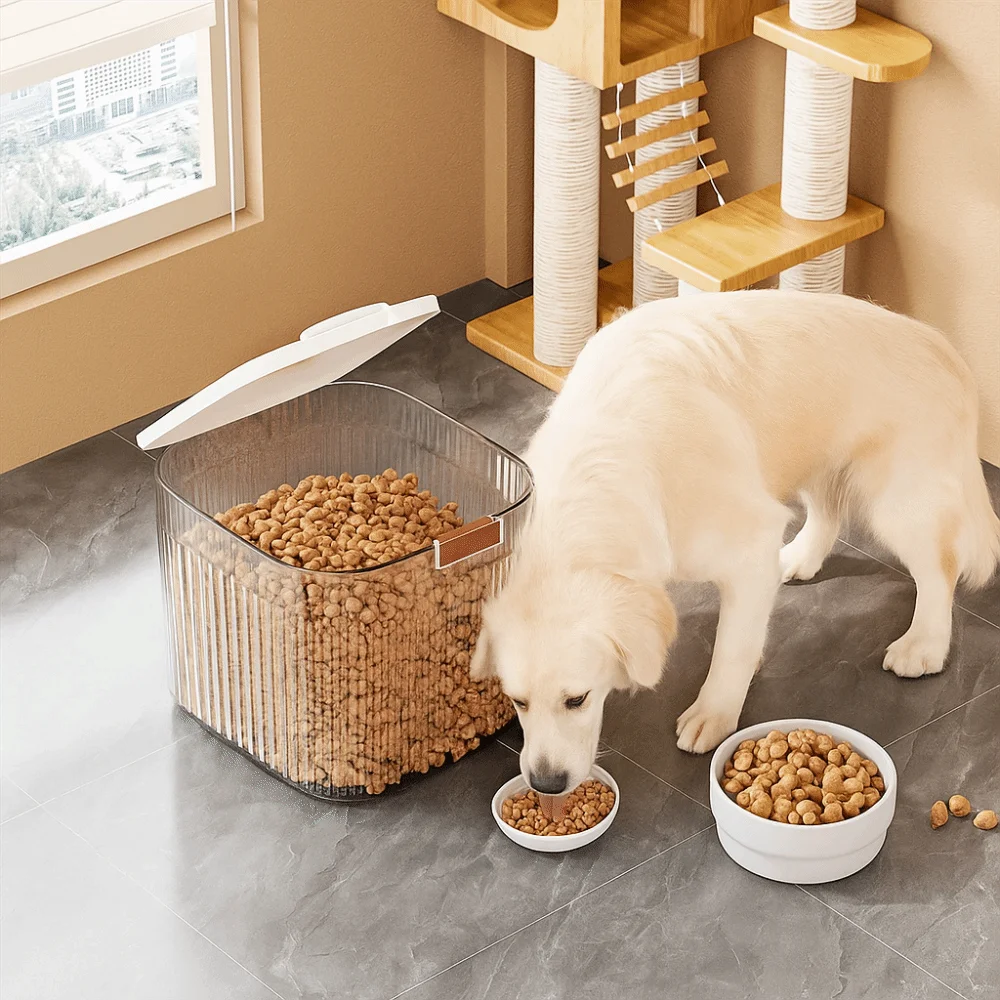 Conteneur de stockage de nourriture pour chien à couvercle rabattable, boîte transparente de grande capacité pour aliments secs pour chat, baril de stockage de nourriture pour animaux de compagnie en
