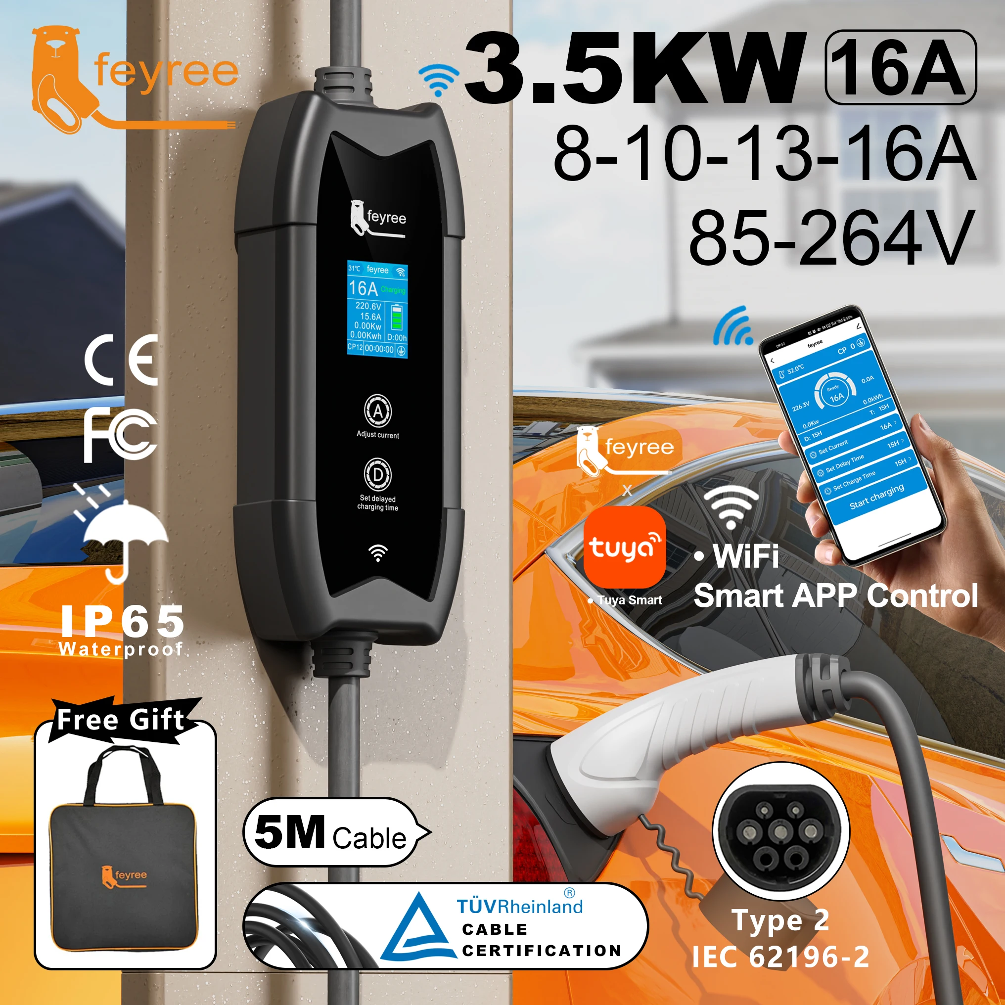 feyree Type2 Caricatore EV portatile Cavo da 5 m con controllo APP WIFI 16A 3.5KW Set Tempo di ricarica e ritardo per auto EV, Spina personalizzabile