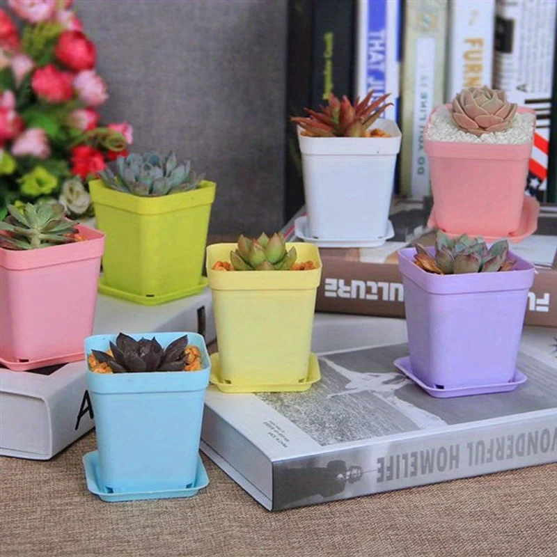 Set da 14/20/42 pezzi di vasi da fiori colorati, vasi da fiori quadrati in plastica con vassoi, vasi da fiori per piante succulente, i colori sono gratuiti