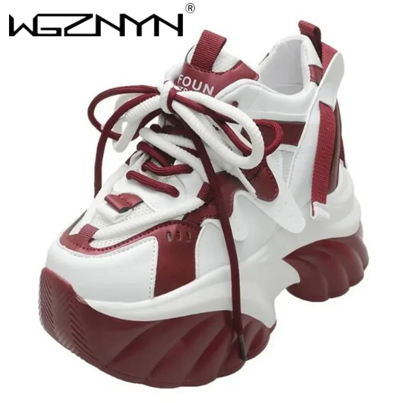 Sneakers alte da donna con plateau 10CM Autunno Inverno Scarpe stringate robuste Tacchi suola spessa Scarpe casual Sneakers sportive in pelle da donna