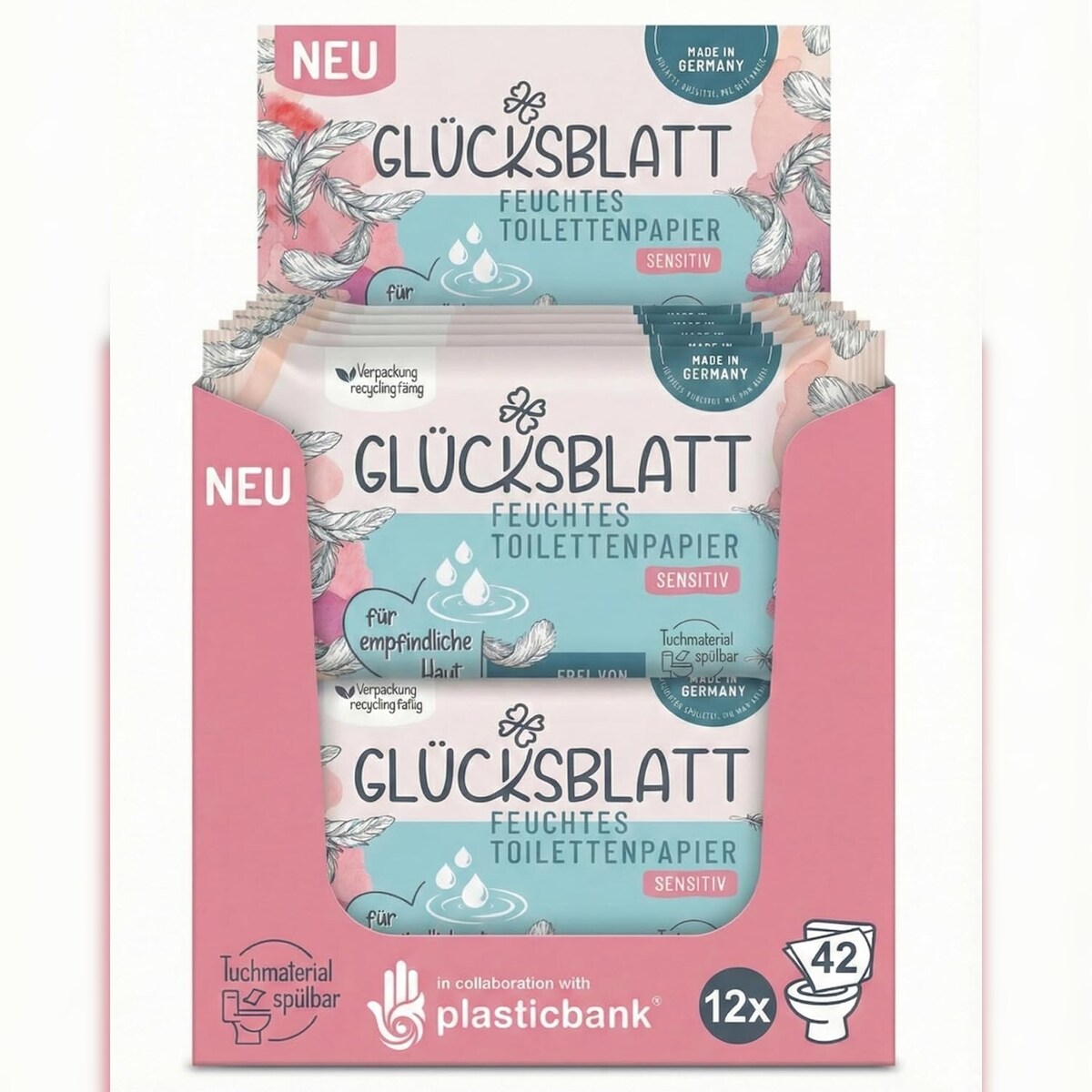 Glücksblatt Feuchtes Toilettenpapier SENSITIV, 12x42 Tücher, ohne Duft- & Farbstoffe, dermatologisch getestet, für empfindliche Haut, sanfte Pflege Image