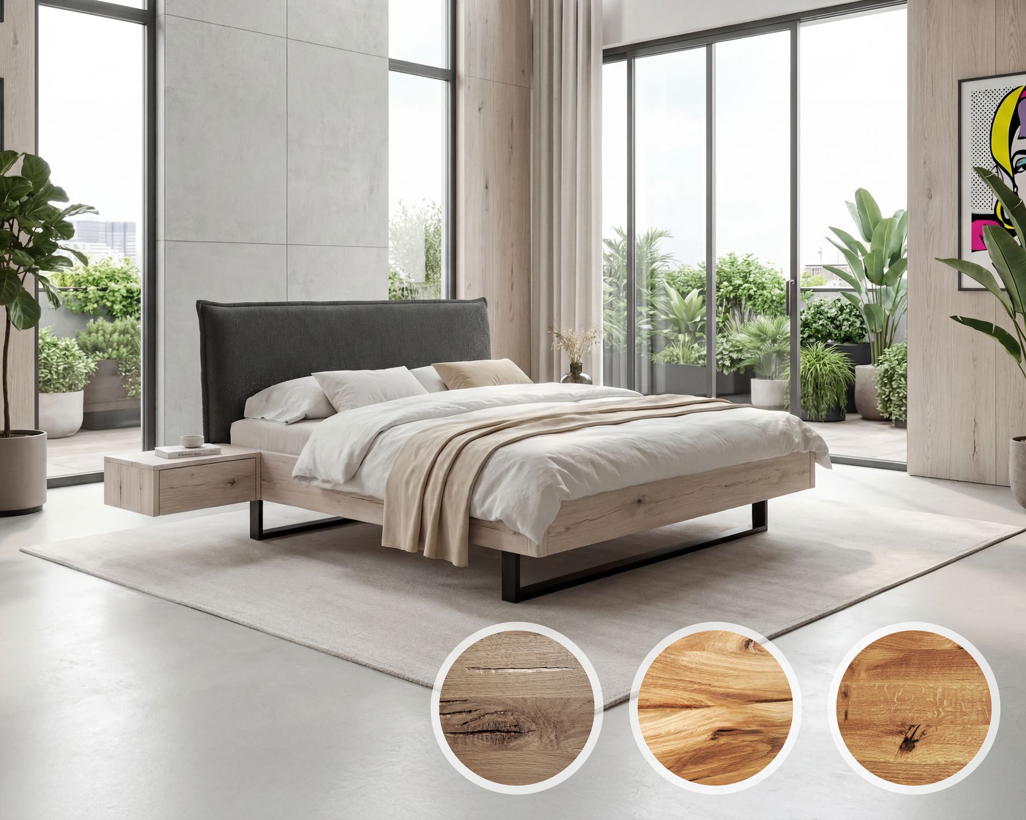 BlackWood »Nova Vita Contour III« Wildeiche Massivholzbett 200x220 cm / Wildeiche natur / Boucle Off-White Image