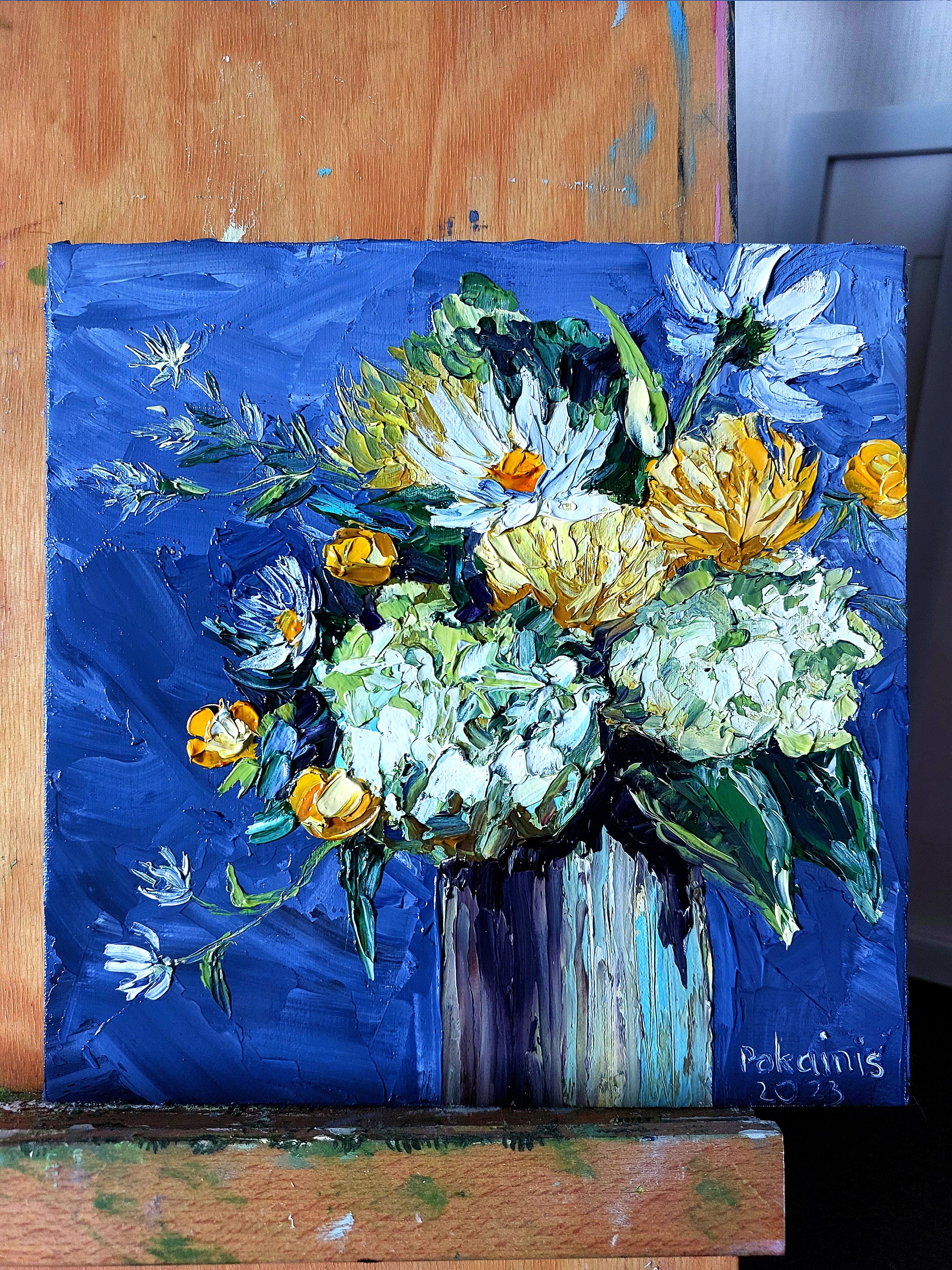 Natura morta floreale, dipinto a olio originale, opera d'arte impasto, belle arti botaniche, fiori in vaso, opera d'arte originale da cucina