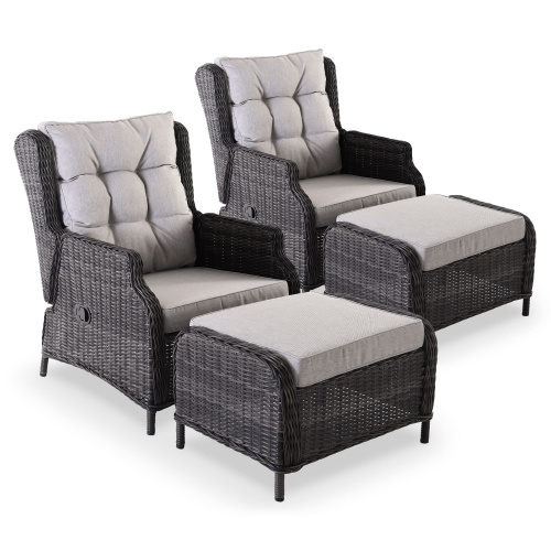 Gartenstuhl 2er-Set mit Relaxfunktion, mit Hocker, Braun/Hellgrau, inkl. Polster, 130 kg Belastbarkeit, pflegeleicht | Raburg Sophia Image