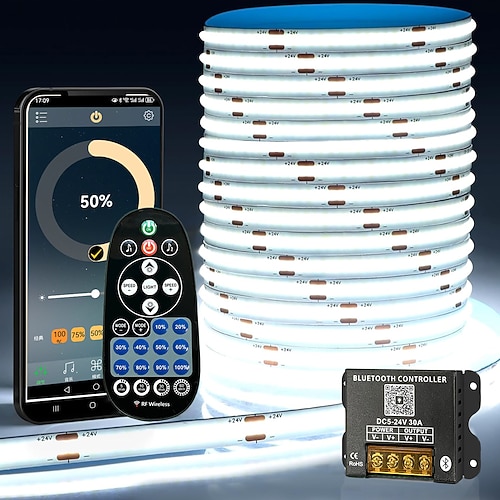 Intelligente COB-LED-Streifen mit Timer, Musiksynchronisation, Funkfernbedienung und App-Dimmfunktion, 5–20 m lang, 3000–6500 K, ideal für Schlafzimmer, Wohnzimmer, TV-Schrank, optional mit Image