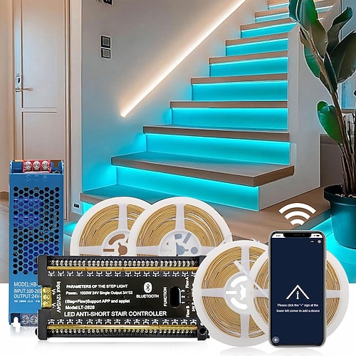 Intelligentes, per Bluetooth-App gesteuertes LED-Treppenbeleuchtungsset mit Bewegungsmelder, bestehend aus 12–32 LED-Streifen (1,25 m), die individuell kürzbar sind, inklusive Schalter und Image