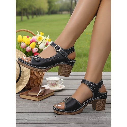 Damen-Sandalen mit Blockabsatz und Knöchelriemen, offene Zehensandalen für Alltag, Arbeit, Reisen, Gartenpartys und Sommerausflüge Image